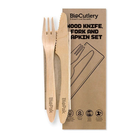 Cutlery Pack (19cm Wood Knife, Fork & Napkin) - Each - FIG FOOD