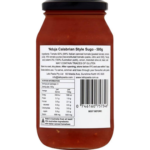 N'duja Spicy Calabrian Sugo 500ml-Pantry-Lello Pasta Bar-iPantry-australia